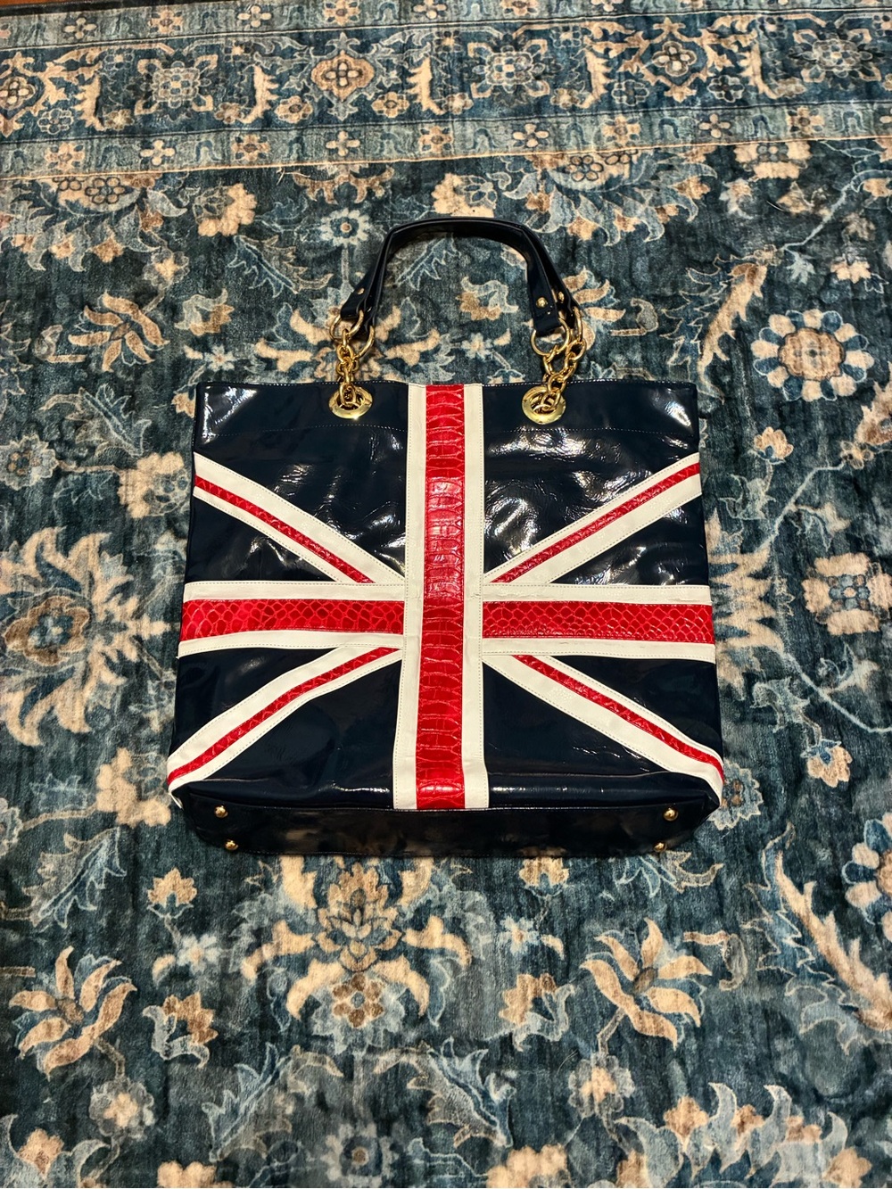 twiggy LONDON Navy, Red & White Union Jack Patent Tote with Gold Hardware